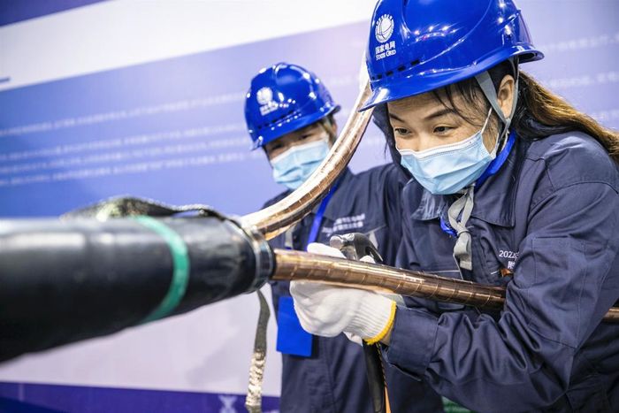 參賽的蕪湖市電力工人正在制作配電電纜頭。董浩 供圖?