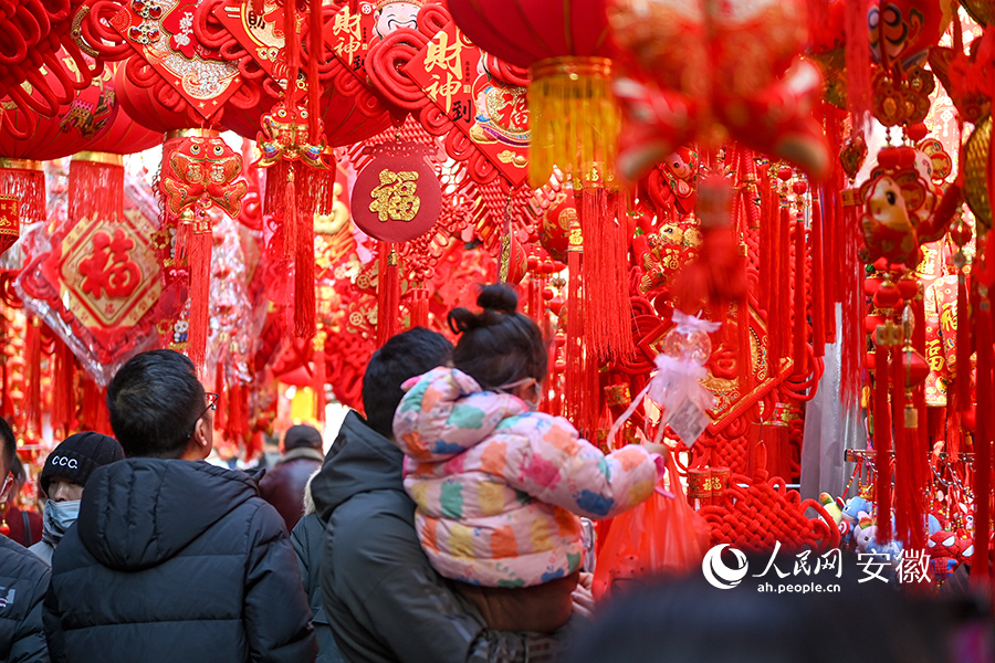 市民在一片紅火的街道上挑選年貨。人民網(wǎng)記者 苗子健攝