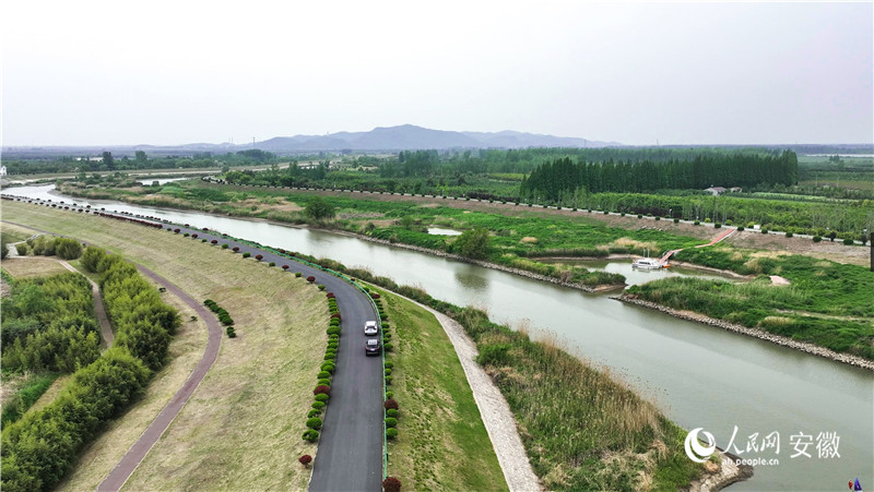 從空中俯瞰，滁河如同一條綠玉帶向遠(yuǎn)方綿延流淌，皖蘇兩省共飲一江水，同守一片天。人民網(wǎng)記者 陶濤攝