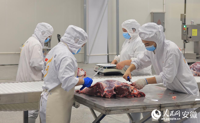工人正在對牛肉進行切割。人民網記者 王曉飛攝