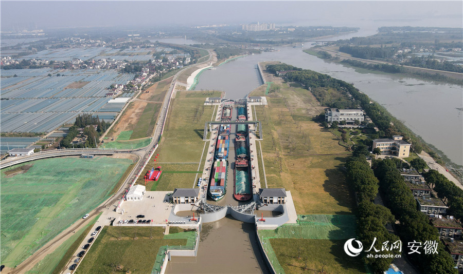 各類型船舶正停在新建成的裕溪一線船閘中等待通行。人民網(wǎng)記者 王銳攝