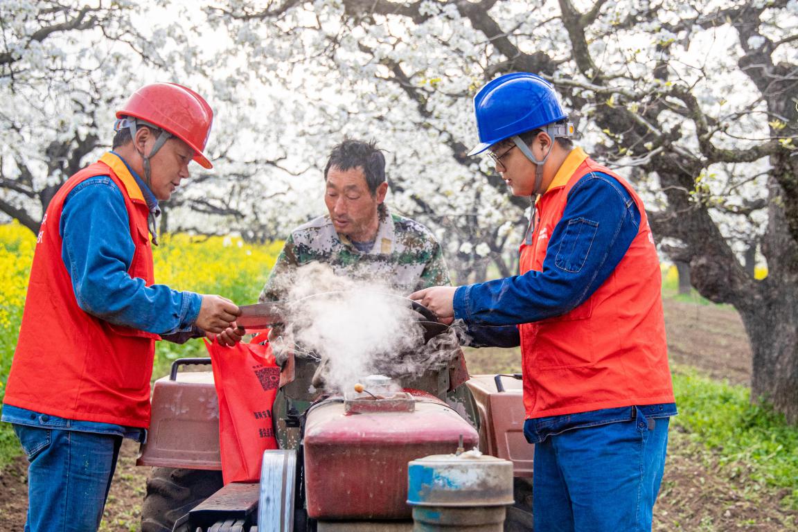 黨員服務(wù)隊(duì)隊(duì)員向拖拉機(jī)司機(jī)宣傳電力設(shè)施保護(hù)常識，告誡他不要在高壓線下施工、植樹、釣魚。王磊攝