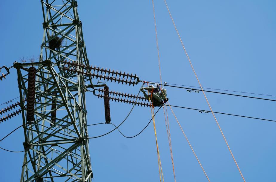 8月10日，蚌埠供電公司采用等電位帶電作業(yè)方式開展220千伏線路線夾設(shè)備發(fā)熱缺陷消除工作。朱瑩茹攝