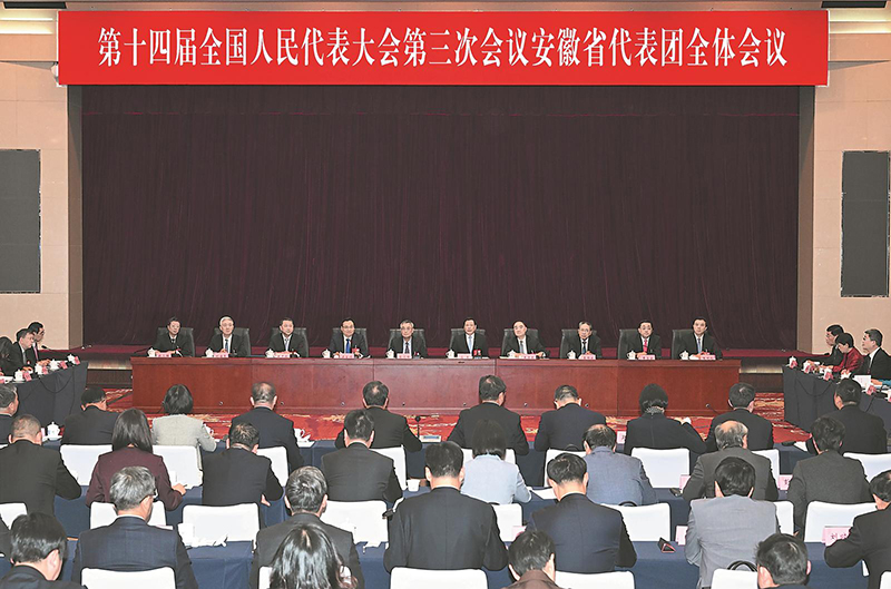 3月5日下午，十四屆全國(guó)人大三次會(huì)議安徽代表團(tuán)舉行全體會(huì)議，審議李強(qiáng)總理作的政府工作報(bào)告。本報(bào)記者 楊竹 攝