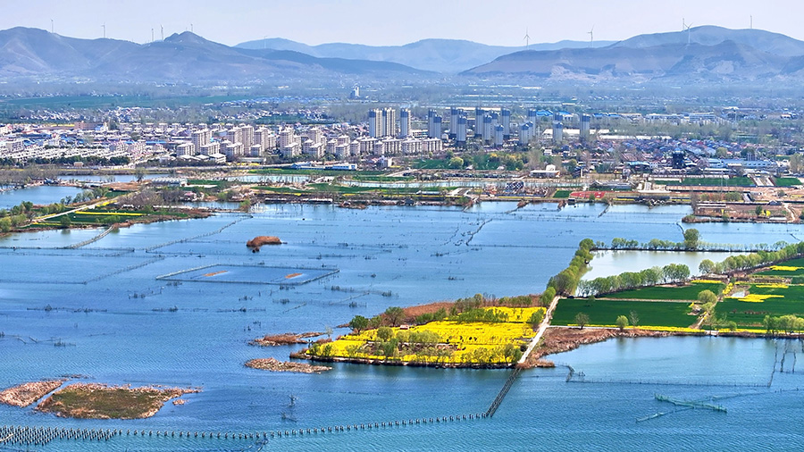 朔西湖與遠山同框。人民網(wǎng) 郭昊攝